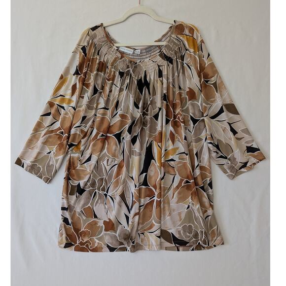 Susan Garver Womens Brown Tan Floral Blouse 3X Lightweight Flowy Half Sleeves - Picture 1 of 8